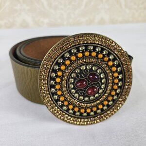 Chico's Size Large Olive Green Wide Leather Belt Crystal & Stone Covered Buckle